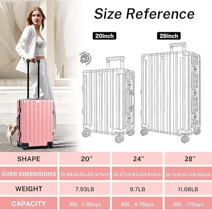 Krute Carry On Luggage 20 inch Aluminum Frame Luggage with Spinner Wheels Hardshell No Zipper PC+ABS TSA Lock Zipperless Suitcases Pink