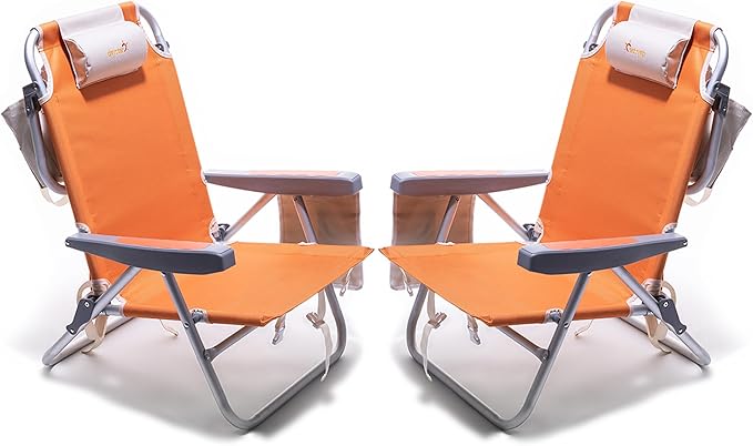 SUNNYFEEL Low Beach Chair 2 Pack, 5-Position Lay Flat Reclining, Backpack Portable Folding Chairs with Cooler Bag & Cup Holder, Heavy Duty 350 LBS, Compact for Beach, Camping, Travel