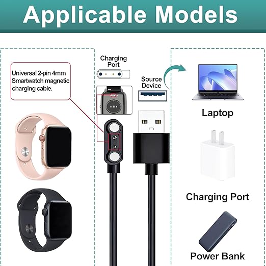 2 Pcs Universal Smart Watch Charger, 2-Pin 4 mm Magnetic USB Charging Cable, Universal Replacement Charging Cord for Smart Watch & Fitness Tracker, Strong Magnetic Adsorption, Fast Safe Charging
