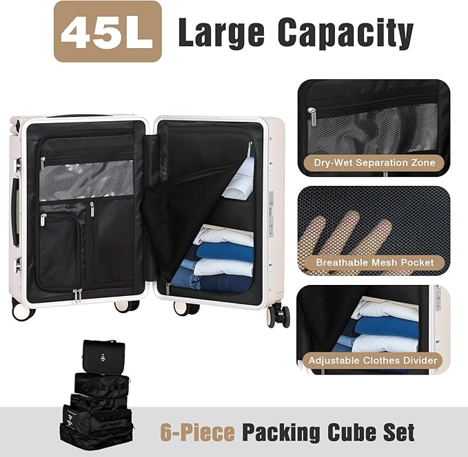 smilesun 20" Adjustable Fence Luggage with Seat, Carry On Suitcase for Kids & Adults, 200lbs Support, 360° Silent Wheels with TSA Lock, Tablet & Cup Holder(White)
