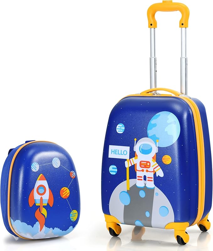 BABY JOY 2 Pieces Kids Luggage Set, 16" Toddlers Carry-on Suitcase & 12” Backpack Set, Children Travelling Case w/ 4 Casters & Retractable Handle, Lightweight Trolley Case for Boys & Girls (Astronaut)