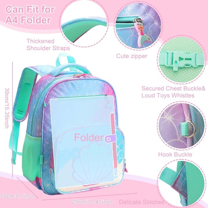 RHCPFOVR Kids Backpack for Girls - Girls Backpack 3-8 Ages Mermaid for Kids 15 Inch School Bookbag for Kindergarten Elementary School Bookbag for Girl 1st 2nd Grade