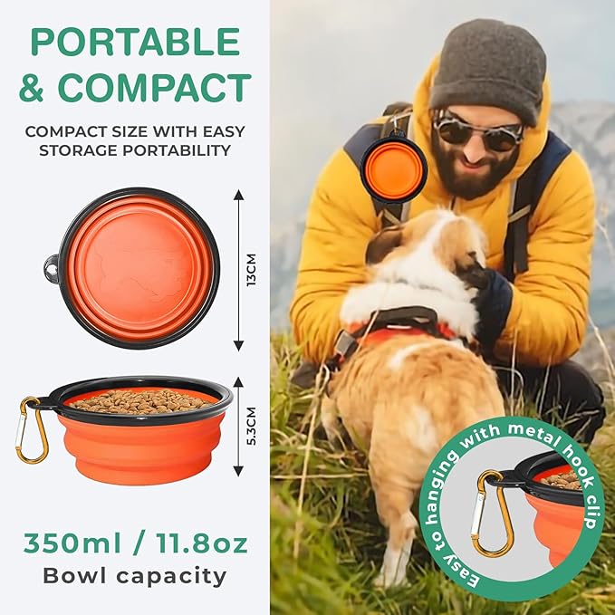 Collapsible Dog Bowls for Travel, Portable Dog Water Bowl & Food Bowl for Dogs and Cats, Foldable Pet Feeding Dish for Walking Hiking Camping with Carabiner, BPA Free, Orange