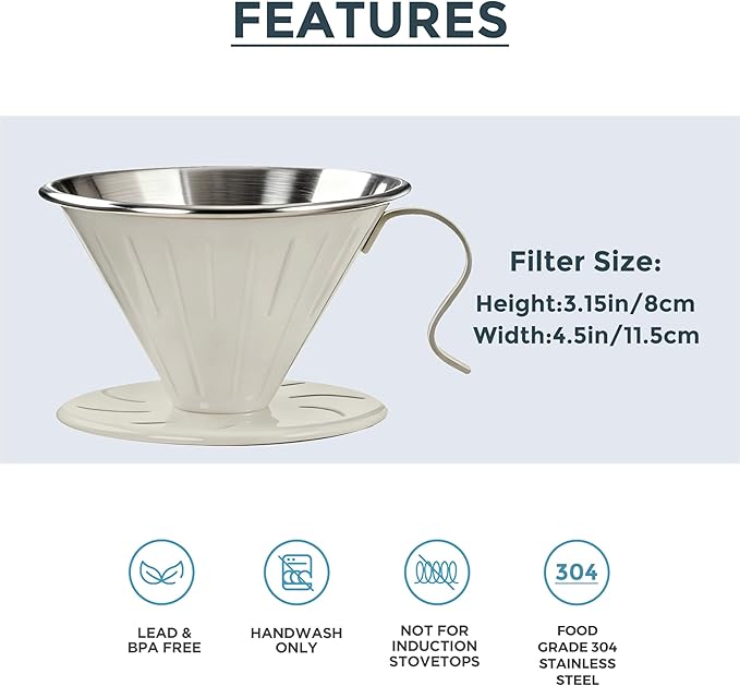 AGOGO V60 Coffee Dripper - Unbreakable 304 Stainless Steel Pour Over Cone for Travel & Camping, Includes 50 Paper Filters & Barista Towel - Cream White