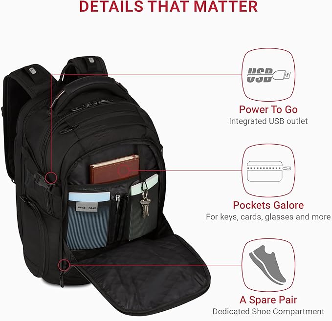 SwissGear Travel Tech Elite Laptop Backpack – Fits Laptops up to 16” – ScanSmart TSA-Friendly Backpack with USB Port, Shoe Compartment & Organizer Pockets – Black