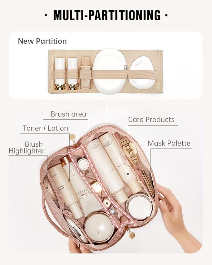 EACHY Travel Makeup Bag, Large Capacity Cosmetic Bag for Women, Waterproof PU Leather, Flat Open Portable Toiletry Bag for Skincare, Brushes & Travel Essentials