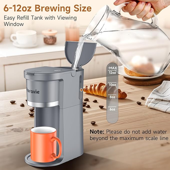 Horavie Small Single Serve Coffee Maker, 2 in 1 Fast Brew One Cup Coffee Machine, 6 to 12 oz. Brew Sizes, Capsule Coffee Machine with Descaling Reminder, Fits 5.5" Mug, Grey