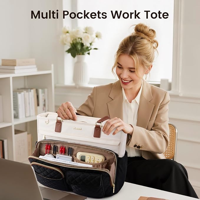 LOVEVOOK Tote Bag with Large Cup Holder, Work Tote Bags for Women, Large Capacity Teacher Tote with Multi Pockets, Nurse Diaper Bag with Padded Laptop Compartment, 17.3 Inch Light Green Beige