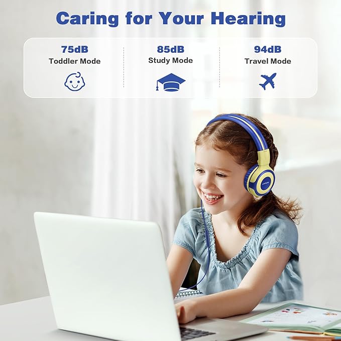 SIMOLIO Kids Headphones with Microphone, 75dB-85dB-94dB Volume Limited Children Headphone with Share Port, On-Ear Wired Headset for PC, Tablet, Airplane Travel(Yellow)