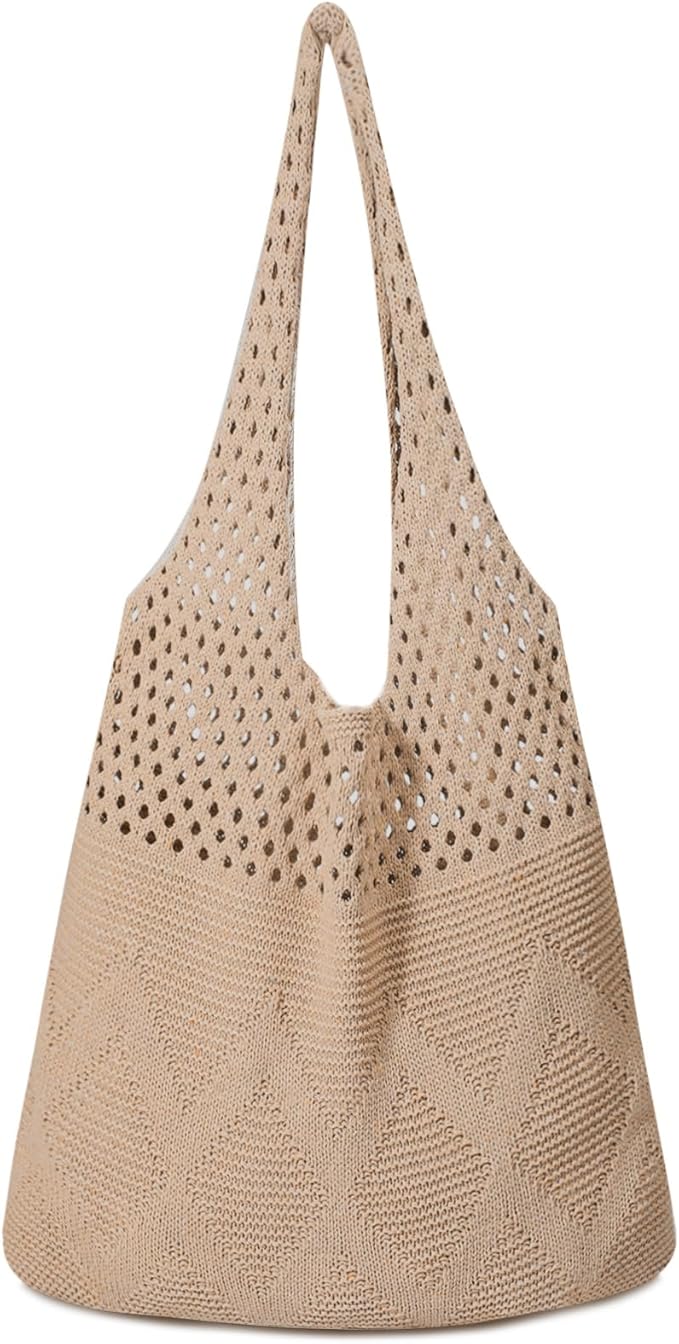 Pleneal Crochet Tote Bag, Mesh Beach Bag, Knitted Shoulder Beach Bags for Women Vacation Aesthetic Hobo Tote Bags
