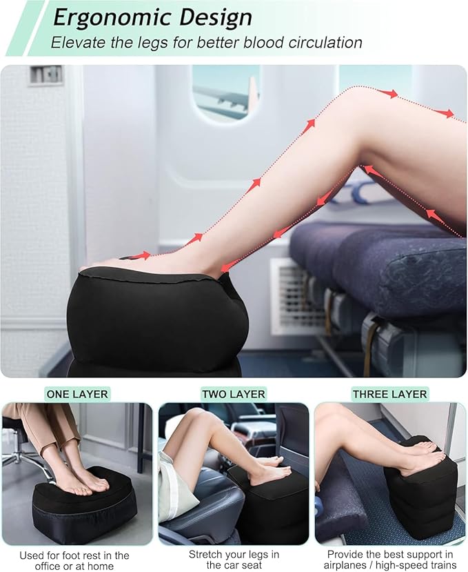 Inflatable Travel Foot Rest Pillow, Kids Airplane Bed, Adjustable 3 Layers Height Leg Rest Pillow, Adults Travel Essentials Great for Airplane, Office, Home, Trains, Cars (Black)