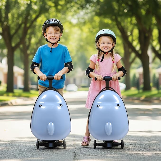 smilesun 4-in-1 Detachable Scooter Suitcase for Kids & Teens – 3D Owl/Dolphin Hardside Ride-On Luggage, Lightweight Foldable Design, Unique Travel Gift for Children (Cute Dolphin, 22-inch)