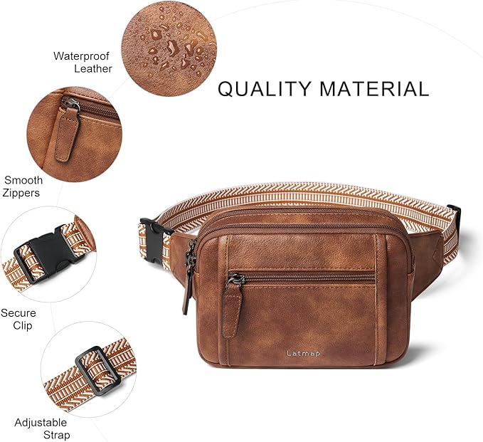 LATMAP 3L TRIPLE ZIP Fanny Packs Belt Bag For Women Men Crossbody Waist Pack Sling Chest Bum Travel Bag Purse Faux Leather Fashion Cute Brown