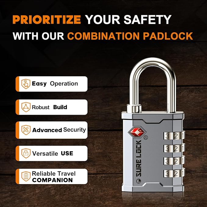 SURE LOCK TSA Accepted Combination Luggage Padlock for Gun Cases, Transporting Equipment Cases in Trade Show, Music and Medical Industries (1, Silver)