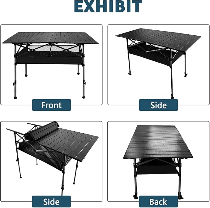 Camping Table Folding Portable Table 47.24” X 21.65” Roll-up Picnic Table with 2 Adjustable Height for Picnic, Camping, Beach, BBQ, Party, Backyard, Black