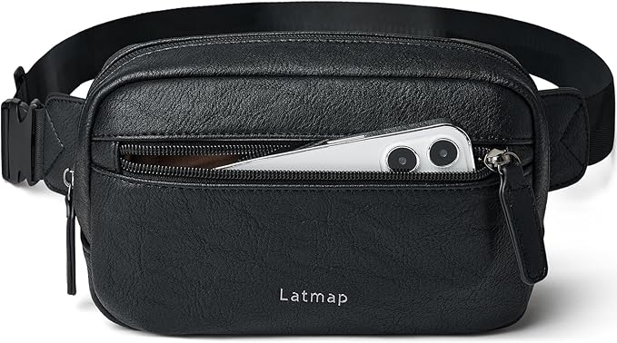 LATMAP 2L Fanny Packs Everywhere Belt Bag Small Fashion Crossbody Waist Pack Faux Leather Waterproof Sling Chest Bag For Women Trendy Black