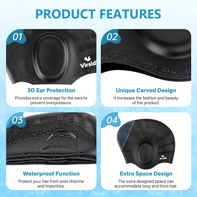 Swim Cap for Long Hair, Silicone Swimming Cap for Adult Women Men with 3D Ear Protection, Waterproof Large Swim Hats Bathing Caps to Keep Hair Dry with Ear Plugs Nose Clip