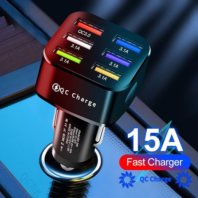 Amiss Car Charger Adapter, 6 USB Multi Port, Fast Charger, Include QC 3.0 and 5 Other Ports, Car Interior Accessories, Fit for iPhone 17/16/15/14/13Pro Max, Samsung, Android (Bright Black)