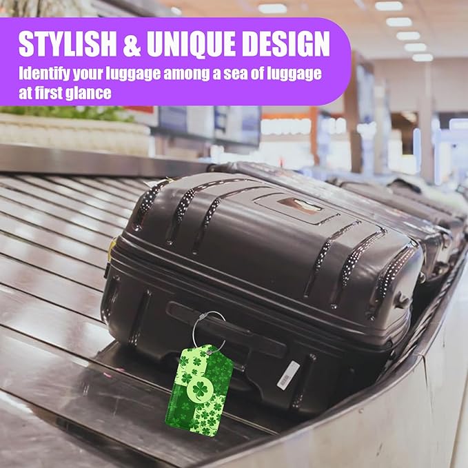3 Pack St. Patrick's Day Shamrock Luggage Tags for Suitcase Lucky Clovers PU Leather Travel Luggage Tag Privacy Cover ID Label for Women Men Baggage Backpack Handbag School Bag