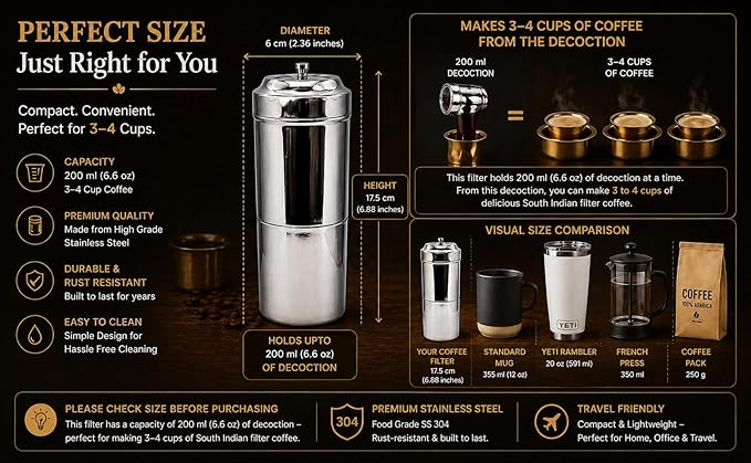 KERAM south indian coffee drip maker-permanent/reusable phin filter for 3-4 serving cup 6.6 Oz(200 ml) made of steel ss304 food grade camping/travelling small decoction dripper maker