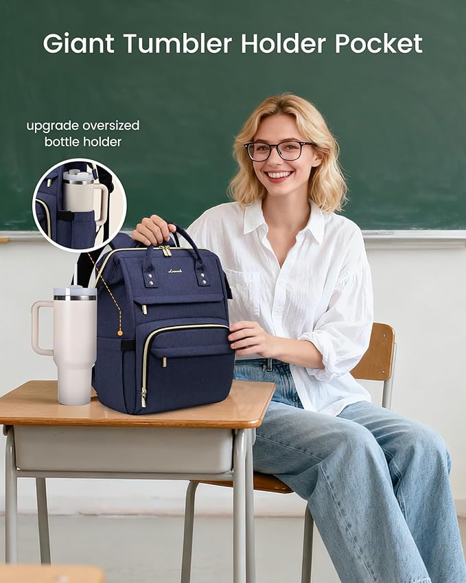 LOVEVOOK Laptop Backpack for Women with Giant Tumbler Holder Pocket,15.6 inch Waterproof Travel Backpack Purse Computer Laptop Bag,Professional Work College Nurse Teacher Backpack Daypack,Dark Blue