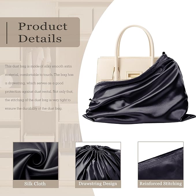 Vonty 3 Pack Silky Dust Bags for Shoes and Purses, Satin Drawstring Bag for HandBags Boots - Black Shoe Bag Silk Dust Cover Bag Protector Travel Storage Pouch(23.6 x 19.6 In)