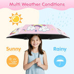 Kids Folding Umbrella Auto Open/Close Umbrellas for Rain Round Corner Safe Design UV Resistant Automatic Children Travel Umbrellas Reinforced Canopy 360° Reflective Strip Lightweight for Girls & Boys