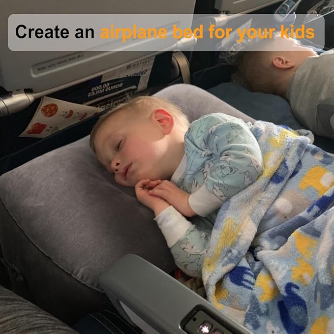 Maliton Inflatable Travel Foot Rest Pillow, Kids Airplane Bed, Adjustable Height Leg Pillow for Air Travel, Make a Flat Bed for Kids and Toddlers, Great for Airplane, Train, car（Grey, 1 Pack）