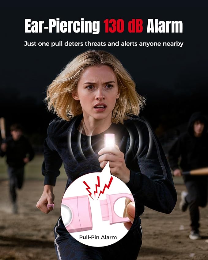 ESSAGER Personal Safety Alarm for Women, 130 dB Self Defense Siren, Rechargeable & Portable with Keychain and Carabiner, Low Battery Notice, LED Strobe Light for Kids, Seniors, College Students(Pink)