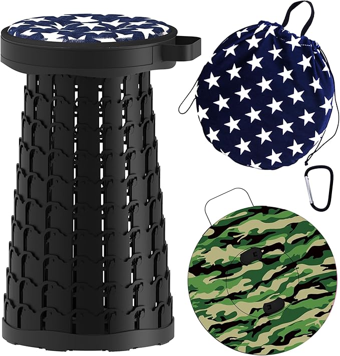 ALEVMOOM Upgraded Telescoping Collapsible Stool with Cushion, Folding Stool with Printing Portable Retractable Foldable Seat Max Load 600lbs for Adults Camping Fishing Outdoor