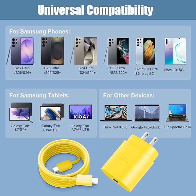 25W Super Fast Charging Cord Type C Block &10Ft USB C Android Phone Charger Cable for Samsung Galaxy S26 Ultra/S26/S26+/S25 Ultra/S25/24 Ultra/S24/S23 Ultra/S22 Ultra//Note 20/10,Yellow