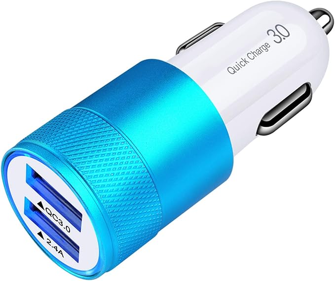 FiveBox Fast Car Charger, Quick 5.4A/30W Dual USB, QC 3.0 & 2.4A, Compatible Samsung Galaxy S23 S22 S21 S20 S10 S9 S8 Note, iPhone, Blue, Minimalist Style