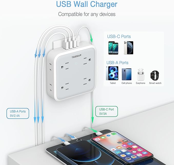 USB Wall Charger, Surge Protector Outlet Extender, TESSAN Outlet Splitter with USB C Charger Block, 8 AC Multiple Power Splitter Surge Protector for Office Home Kitchen Dorm Room