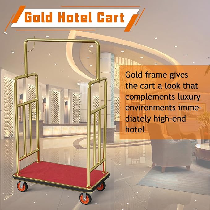 Gold Hotel Luggage Cart,42"x24" Bellman Cart with Baffle Guardrail and 6In Caster Weight Capacity Up to 850LBS Provide Convenience to Guest Gold Finished Hotel Cart Add Elegance to Hotel&Resort