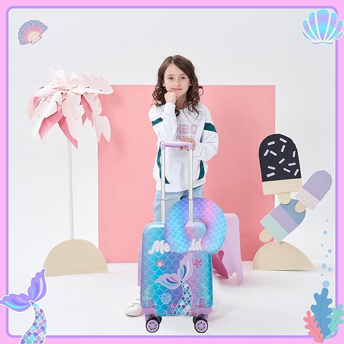 Cute Mermaid Kid’s Luggage Set 2 Piece Suitcase Set 16’’ Hardside Luggage with Spinner Wheels Girls Travel Rolling Luggage Carry on Luggage Airline Approved