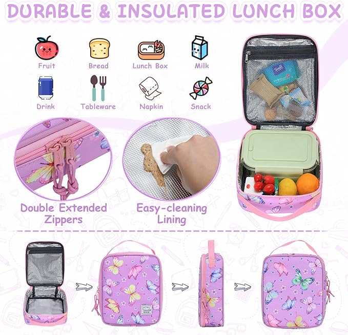 VASCHY Toddler Backpack Lunch Bag Set, Girls School Bookbag Insulated Lunch Box for Kids Preschool,Daycare,Kindergarten,Elementary School Butterfly