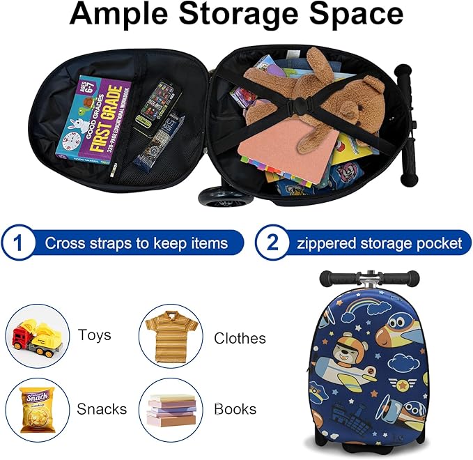 Scooter Suitcase for Kids with LED Wheels, Lightweight & Foldable Scooter Luggage for Travel