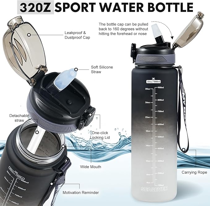 Sports Water Bottle with Straw,32 OZ Water Bottles with Time Marker for Boys and Girls,Simple Modern Water Bottle Plastic Leakproof Bpa Free,Waterbottle for Adults,School,Gym,Outdoor
