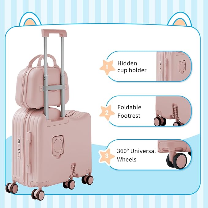 TABU Ride-on Luggage with Portable Bag for Kids，Hardshell Carry On Suitcase with Hidden Cup Holder, Foldable Pedal,Type-C & USB Interface, TSA Lock, 6-Spinner Wheels, Pink