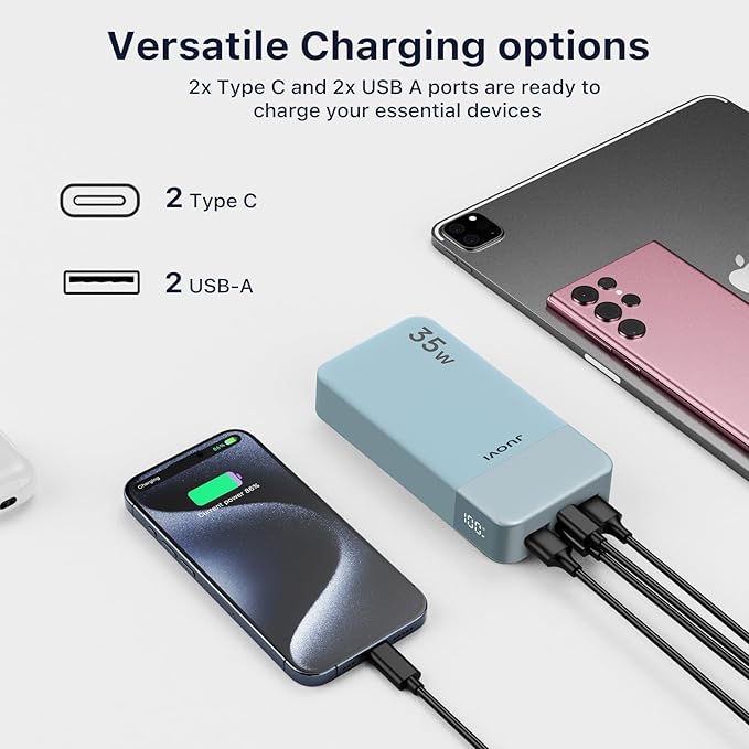 JUOVI J2651 Portable Charger, 35W 20000mAh USB C in & Out Power Bank, Battery Pack with QC4.0+PD3.0 35W High-Speed Charging for Bluetooth Earbud, Mobile Phone, Tablet (Blue)