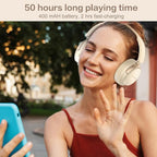 B8 Bluetooth Headphones Over Ear, 6 EQ Music Modes and 50H Playtime Deep Bass Wireless Headphones with Mic, Lightweight Folding HiFi Stereo Headset for iPad/Travel/Tablet/PC/Home Beige White
