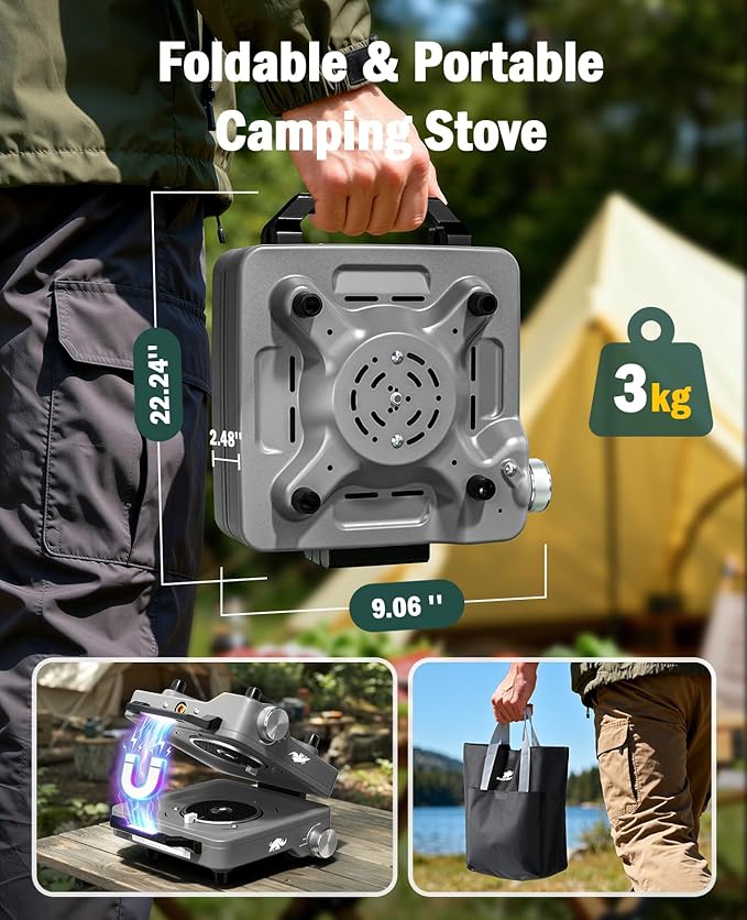 2 Propane Burners Camping Stove, 30,000 BTU Folding Camp Stove with Windproof Grates and Frying Pan,Portable Camping Stoves with Carrying Bag,Camping Essentials for Tailgating/Grilling/Coffee,Titanium