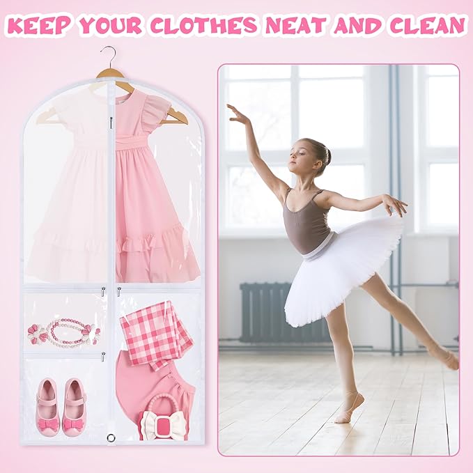 Woanger 6 Pcs Garment Bags for Dance Costumes Clear PVC with Zippers Garment Bag with Pockets Dance Costume Organizer Carrier for Storage Cover for Adult (White,24'' X 60'')