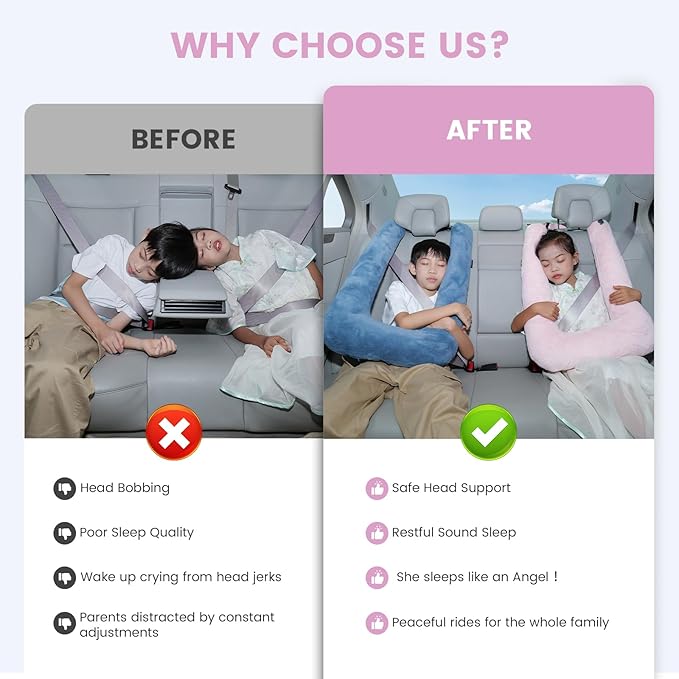 Keemall Car Pillow for Kids, Professional Inflatable Kids Car Pillow for Sleeping Carseat Travel - Safe, Reliable - Inflatable Travel Pillows for Kid Adult Car Seats Pink