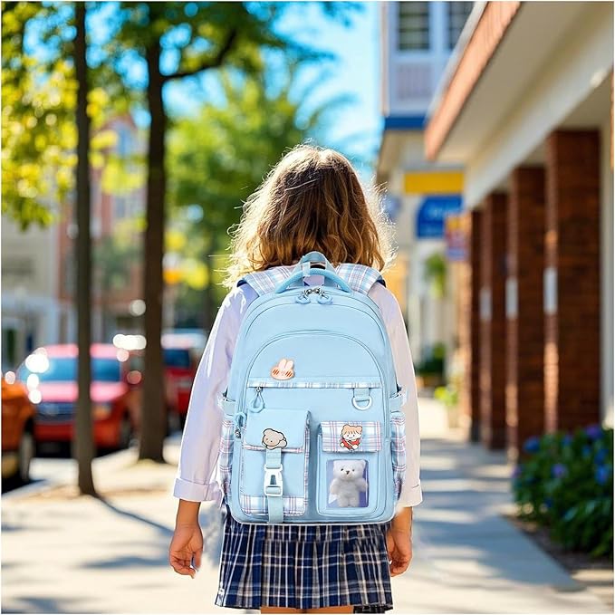PRLINJSK Girls Backpack，Cute School Backpack for Girls Kids Teens，Kawaii Bookbag for Primary Elementary， Blue