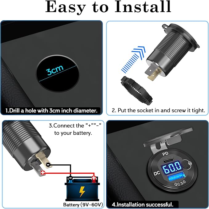 12V 24V 36V 48V 60V High Voltage USB Outlet Aluminum Car Socket, PD 36W and QC 36W Car Port Outlet Waterproof Cigarette Lighter Power Adapter DIY Kit with Button Switch for Boat Golf Cart, etc.