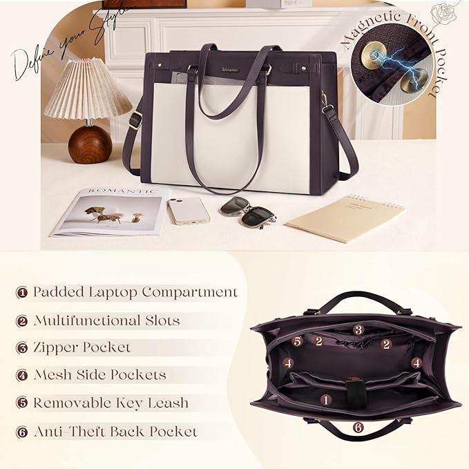 RAINSMORE Laptop Bag for Women 15.6 Inch PU Vegan Leather Work Tote Bag Waterproof Womens Briefcase Designer Computer Bags for Office Teacher College Travel Large Tote Purse Professional Green & Beige