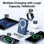 for Magsafe Battery Pack, 10000mAh Power Bank for iPhone with Built-in Cables, 20W Fast Charging Magnetic Wireless Portable Charger with Stand for iPhone 17/16/15/14/13/12/Apple Watch Series