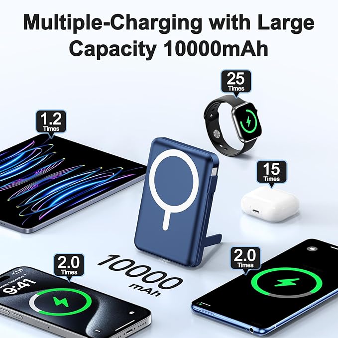 for Magsafe Battery Pack, 10000mAh Power Bank for iPhone with Built-in Cables, 20W Fast Charging Magnetic Wireless Portable Charger with Stand for iPhone 17/16/15/14/13/12/Apple Watch Series