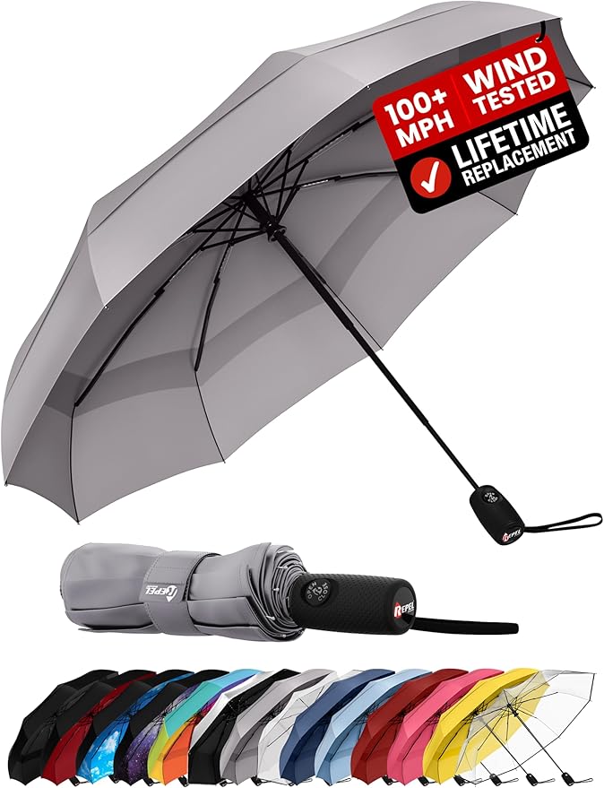 Repel Windproof Travel Umbrella - Compact & Withstands Winds up to 100MPH , Strongest Premium Auto Folding Umbrella for Rain and Sun - Durable, Light & Portable for Women & Men , Fits Backpack & Cars